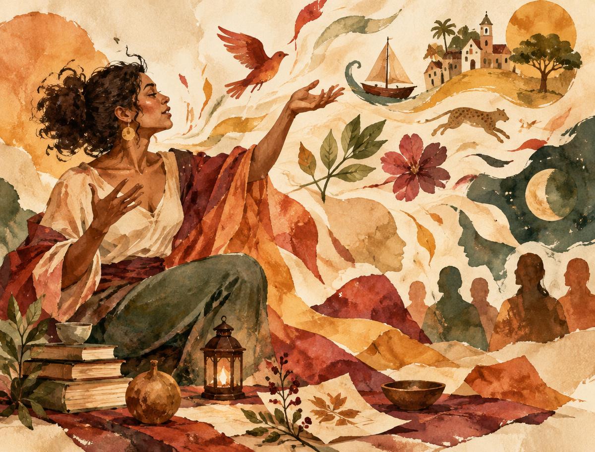 Aquarela abstrata com linhas, formas e caminhos narrativos