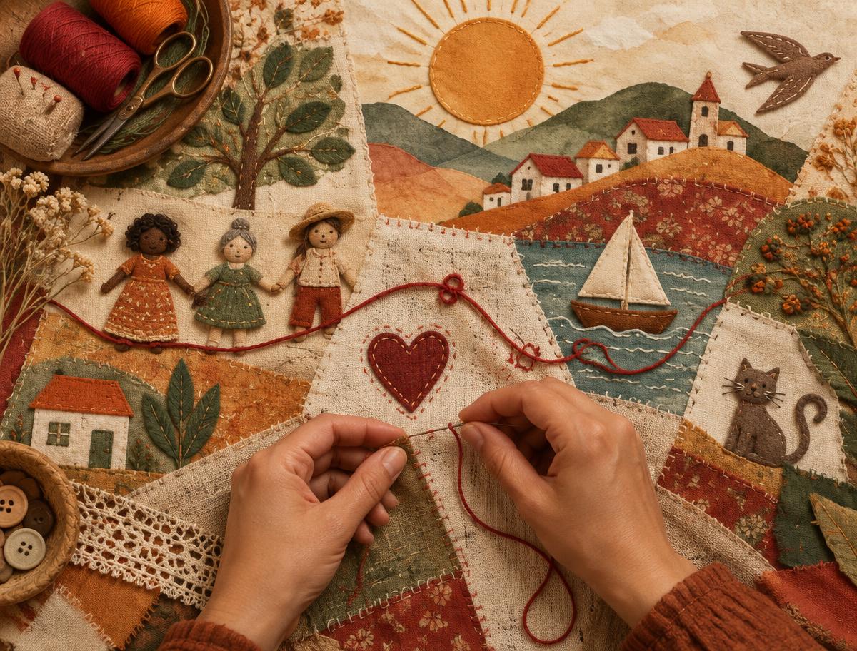 Aquarela abstrata com tecidos, linhas e pontos de costura