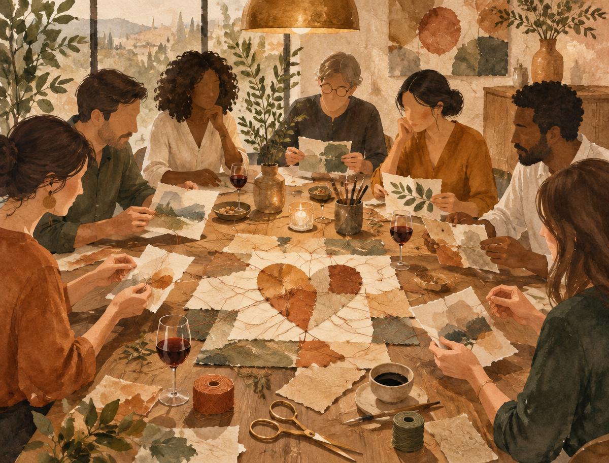 Aquarela artesanal de um encontro de treinamento humano: mãos ao redor de uma mesa compartilhada tecendo histórias com papel, linha e tinta