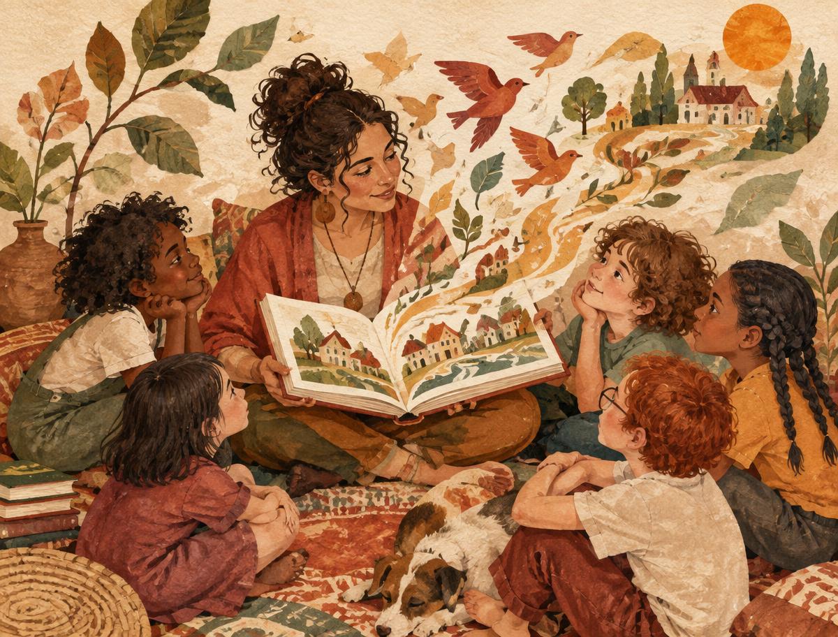 Mediadora compartilhando a leitura com crianças